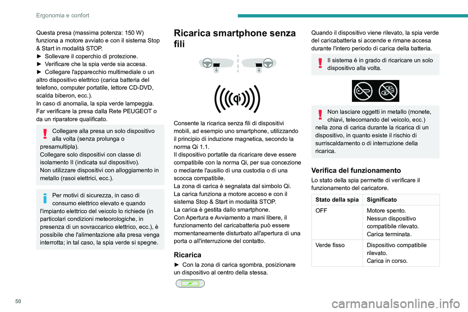 PEUGEOT PARTNER 2021  Manuale duso (in Italian) 50
Ergonomia e confort
Stato della spiaSignificato
Arancione 
lampeggiante Corpo estraneo nell'area 
di ricarica rilevato.
Dispositivo centrato male 
nell'area di ricarica.
Arancione fisso Mal