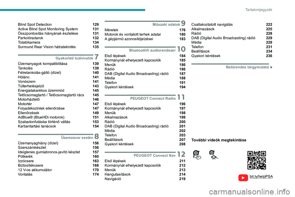 PEUGEOT PARTNER 2021  Kezelési útmutató (in Hungarian) 3
Tartalomjegyzék
  
  
bit.ly/helpPSA
 
 
 
Blind Spot Detection  129
Active Blind Spot Monitoring System  131
Összpontosítás hiányának észlelése  131
Parkolóradarok  132
Tolatókamera  134

