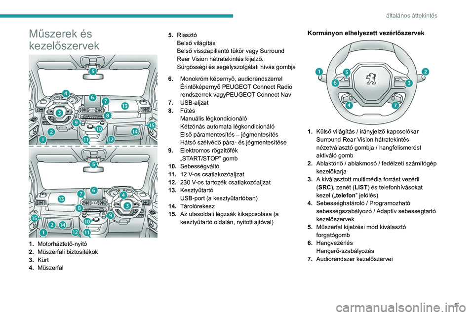 PEUGEOT PARTNER 2021  Kezelési útmutató (in Hungarian) 5
általános áttekintés
Műszerek és 
kezelőszervek
1.Motorháztető-nyitó
2. Műszerfali biztosítékok
3. Kürt
4. Műszerfal 5.
Riasztó
Belső világítás
Belső visszapillantó tükör vag
