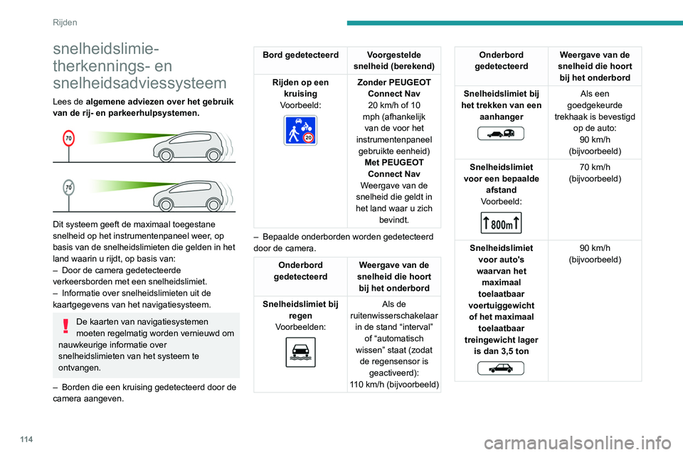 PEUGEOT PARTNER 2021 Instructieboekje (in Dutch) 11 4
Rijden
snelheidslimie-
therkennings- en
snelheidsadviessysteem
Lees de algemene adviezen over het gebruik
van de rij- en parkeerhulpsystemen.
Dit systeem geeft de maximaal toegestane
snelh PEUGEOT PARTNER 2021 Instructieboekje (in Dutch) 11 4
Rijden
snelheidslimie-
therkennings- en
snelheidsadviessysteem
Lees de algemene adviezen over het gebruik
van de rij- en parkeerhulpsystemen.
Dit systeem geeft de maximaal toegestane
snelh