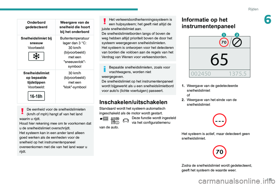 PEUGEOT PARTNER 2021 Instructieboekje (in Dutch) 11 5
Rijden
6Onderbord
gedetecteerd Weergave van de
snelheid die hoort bij het onderbord
Snelheidslimiet bij sneeuw
Voorbeeld:
Buitentemperatuur lager dan 3 °C: 30
km/h
(bijvoorbeeld) met PEUGEOT PARTNER 2021 Instructieboekje (in Dutch) 11 5
Rijden
6Onderbord
gedetecteerd Weergave van de
snelheid die hoort bij het onderbord
Snelheidslimiet bij sneeuw
Voorbeeld:
Buitentemperatuur lager dan 3 °C: 30
km/h
(bijvoorbeeld) met