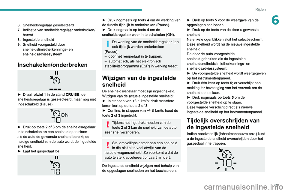 PEUGEOT PARTNER 2021 Instructieboekje (in Dutch) 121
Rijden
66.Snelheidsregelaar geselecteerd
7. Indicatie van snelheidsregelaar onderbroken/
hervat
8. Ingestelde snelheid
9. Snelheid voorgesteld door
snelheidslimietherkennings- en
snelheidsadvies PEUGEOT PARTNER 2021 Instructieboekje (in Dutch) 121
Rijden
66.Snelheidsregelaar geselecteerd
7. Indicatie van snelheidsregelaar onderbroken/
hervat
8. Ingestelde snelheid
9. Snelheid voorgesteld door
snelheidslimietherkennings- en
snelheidsadvies