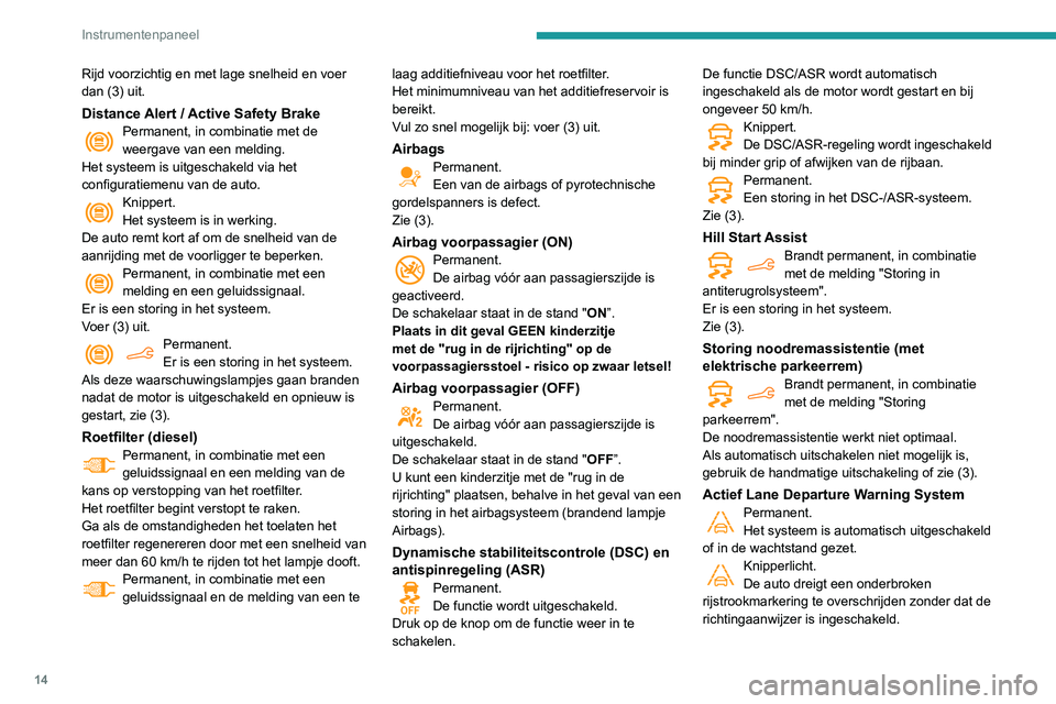 PEUGEOT PARTNER 2021  Instructieboekje (in Dutch) 14
Instrumentenpaneel
Rijd voorzichtig en met lage snelheid en voer 
dan (3) uit.
Distance Alert / Active Safety BrakePermanent, in combinatie met de 
weergave van een melding.
Het systeem is uitgesch