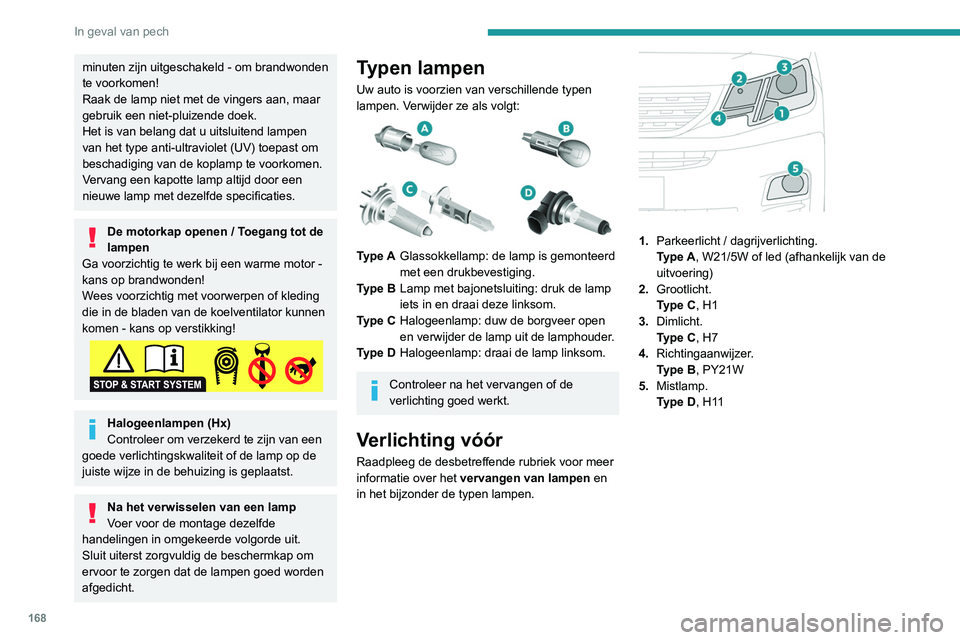 PEUGEOT PARTNER 2021 Instructieboekje (in Dutch) 168
In geval van pech
minuten zijn uitgeschakeld - om brandwonden
te voorkomen!
Raak de lamp niet met de vingers aan, maar
gebruik een niet-pluizende doek.
Het is van belang dat u uitsluitend lampen PEUGEOT PARTNER 2021 Instructieboekje (in Dutch) 168
In geval van pech
minuten zijn uitgeschakeld - om brandwonden
te voorkomen!
Raak de lamp niet met de vingers aan, maar
gebruik een niet-pluizende doek.
Het is van belang dat u uitsluitend lampen