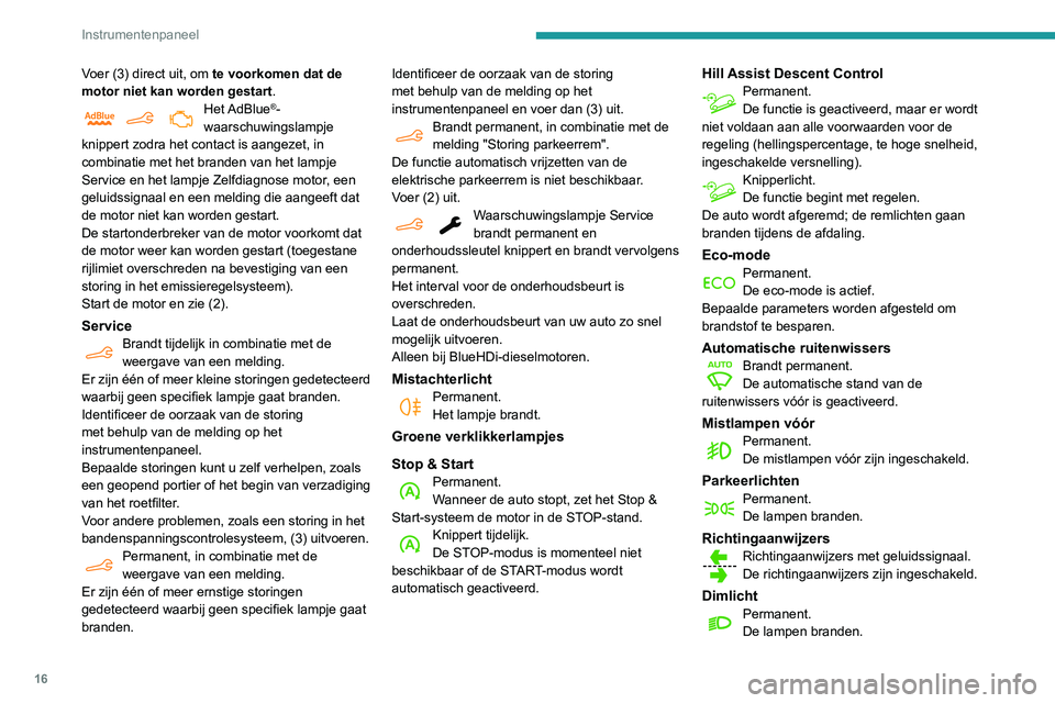 PEUGEOT PARTNER 2021 Instructieboekje (in Dutch) 16
Instrumentenpaneel
Voer (3) direct uit, om te voorkomen dat de
motor niet kan worden gestart.
Het AdBlue®-
waarschuwingslampje
knippert zodra het contact is aangezet, in
combinatie met het bran PEUGEOT PARTNER 2021 Instructieboekje (in Dutch) 16
Instrumentenpaneel
Voer (3) direct uit, om te voorkomen dat de
motor niet kan worden gestart.
Het AdBlue®-
waarschuwingslampje
knippert zodra het contact is aangezet, in
combinatie met het bran