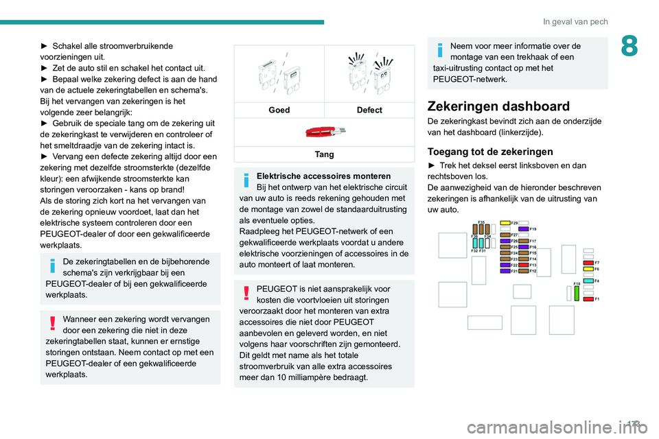PEUGEOT PARTNER 2021 Instructieboekje (in Dutch) 173
In geval van pech
8► Schakel alle stroomverbruikende
voorzieningen uit.
►
Zet de auto stil en schakel het contact uit.
►
Bepaal welke zekering defect is aan de hand
van de actuele zek PEUGEOT PARTNER 2021 Instructieboekje (in Dutch) 173
In geval van pech
8► Schakel alle stroomverbruikende
voorzieningen uit.
►
Zet de auto stil en schakel het contact uit.
►
Bepaal welke zekering defect is aan de hand
van de actuele zek