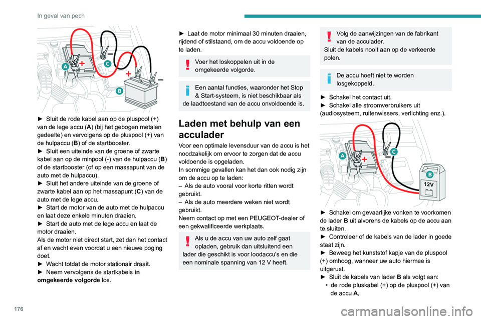 PEUGEOT PARTNER 2021 Instructieboekje (in Dutch) 176
In geval van pech
► Sluit de rode kabel aan op de pluspool (+)
van de lege accu ( A
) (bij het gebogen metalen
gedeelte) en vervolgens op de pluspool (+) van
de hulpaccu ( B) of de startboo PEUGEOT PARTNER 2021 Instructieboekje (in Dutch) 176
In geval van pech
► Sluit de rode kabel aan op de pluspool (+)
van de lege accu ( A
) (bij het gebogen metalen
gedeelte) en vervolgens op de pluspool (+) van
de hulpaccu ( B) of de startboo
