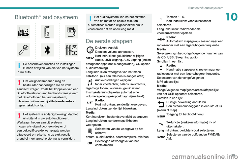 PEUGEOT PARTNER 2021 Instructieboekje (in Dutch) 189
Bluetooth®-audiosysteem
10Bluetooth® audiosysteem
De beschreven functies en instellingen
kunnen afwijken van die van het systeem
in uw auto.
Om veiligheidsredenen mag de
bestuurder handeli PEUGEOT PARTNER 2021 Instructieboekje (in Dutch) 189
Bluetooth®-audiosysteem
10Bluetooth® audiosysteem
De beschreven functies en instellingen
kunnen afwijken van die van het systeem
in uw auto.
Om veiligheidsredenen mag de
bestuurder handeli