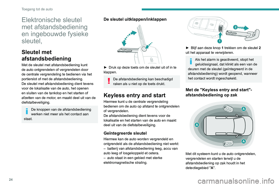 PEUGEOT PARTNER 2021 Instructieboekje (in Dutch) 24
Toegang tot de auto
Elektronische sleutel
met afstandsbediening
en ingebouwde fysieke
sleutel,
Sleutel met
afstandsbediening
Met de sleutel met afstandsbediening kunt
de auto ontgrendelen of v PEUGEOT PARTNER 2021 Instructieboekje (in Dutch) 24
Toegang tot de auto
Elektronische sleutel
met afstandsbediening
en ingebouwde fysieke
sleutel,
Sleutel met
afstandsbediening
Met de sleutel met afstandsbediening kunt
de auto ontgrendelen of v