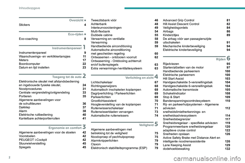 PEUGEOT PARTNER 2021  Instructieboekje (in Dutch) 2
Inhoudsopgave
 
 
 
 
 
 
 
   ■
Overzicht
Stickers  4
  ■
Eco-rijden
Eco-coaching  8
 1Instrumentenpaneel
Instrumentenpaneel  9
Waarschuwings- en verklikkerlampjes  11
Meters  17
Boordcompu