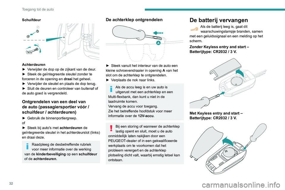 PEUGEOT PARTNER 2021 Instructieboekje (in Dutch) 32
Toegang tot de auto
Schuifdeur
Achterdeuren
► V erwijder de dop op de zijkant van de deur.
►
Steek de geïntegreerde sleutel zonder te
forceren in de opening en draai
het geheel.
►
PEUGEOT PARTNER 2021 Instructieboekje (in Dutch) 32
Toegang tot de auto
Schuifdeur
Achterdeuren
► V erwijder de dop op de zijkant van de deur.
►
Steek de geïntegreerde sleutel zonder te
forceren in de opening en draai
het geheel.
►