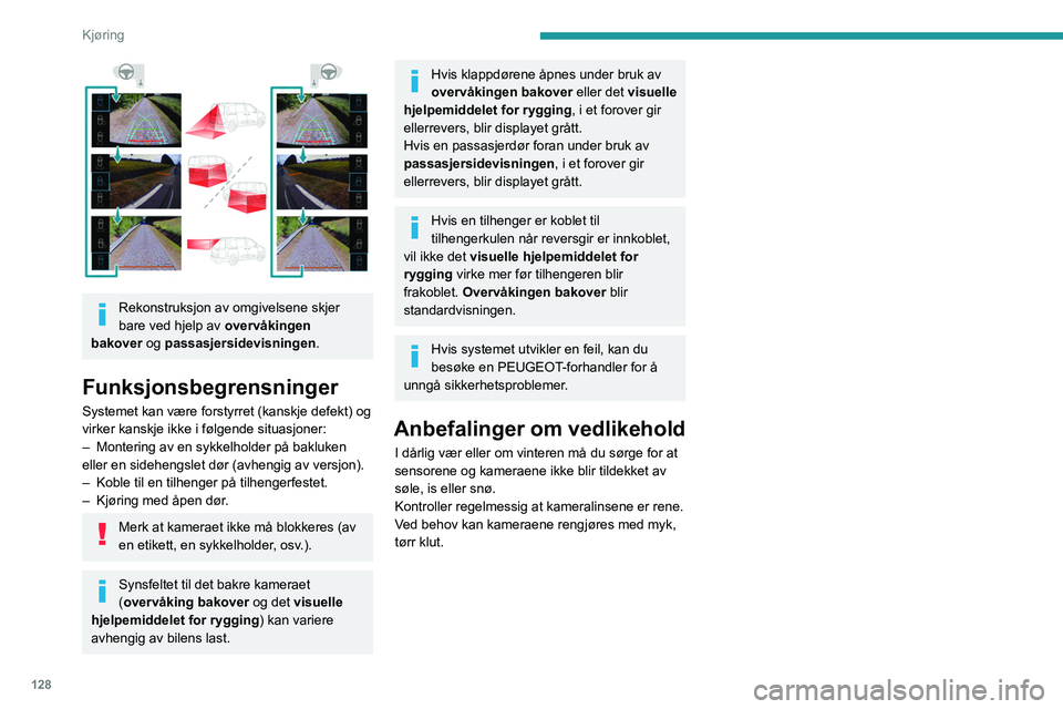 PEUGEOT PARTNER 2021 Instruksjoner for bruk (in Norwegian) 128
Kjøring
Rekonstruksjon av omgivelsene skjer
bare ved hjelp av overvåkingen
bakover og passasjersidevisningen.
Funksjonsbegrensninger
Systemet kan være forstyrret (kanskje defekt) og
virker PEUGEOT PARTNER 2021 Instruksjoner for bruk (in Norwegian) 128
Kjøring
Rekonstruksjon av omgivelsene skjer
bare ved hjelp av overvåkingen
bakover og passasjersidevisningen.
Funksjonsbegrensninger
Systemet kan være forstyrret (kanskje defekt) og
virker