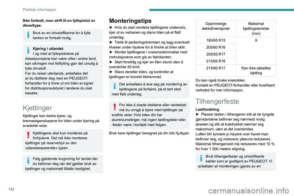 PEUGEOT PARTNER 2021 Instruksjoner for bruk (in Norwegian) 132
Praktisk informasjon
Tilhengerfester
Avhengig av utstyr kan bilen være utstyrt med ett av følgende tilhe\
ngerfester:
Godkjenningsnr.: E1 R55 (referanse 2)Monteringsposisjon, deretter tilhengerr PEUGEOT PARTNER 2021 Instruksjoner for bruk (in Norwegian) 132
Praktisk informasjon
Tilhengerfester
Avhengig av utstyr kan bilen være utstyrt med ett av følgende tilhe\
ngerfester:
Godkjenningsnr.: E1 R55 (referanse 2)Monteringsposisjon, deretter tilhengerr