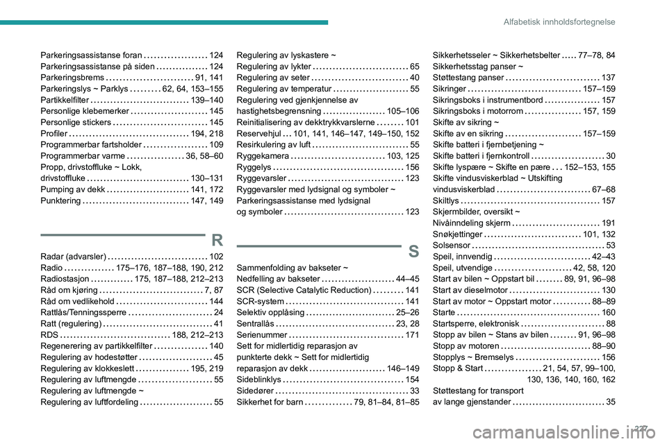 PEUGEOT PARTNER 2021 Instruksjoner for bruk (in Norwegian) 227
Alfabetisk innholdsfortegnelse
Parkeringsassistanse foran 124
Parkeringsassistanse på siden
124
Parkeringsbrems
91, 141
Parkeringslys ~ Parklys
62, 64, 153–155
Partikkelfilte PEUGEOT PARTNER 2021 Instruksjoner for bruk (in Norwegian) 227
Alfabetisk innholdsfortegnelse
Parkeringsassistanse foran 124
Parkeringsassistanse på siden
124
Parkeringsbrems
91, 141
Parkeringslys ~ Parklys
62, 64, 153–155
Partikkelfilte
