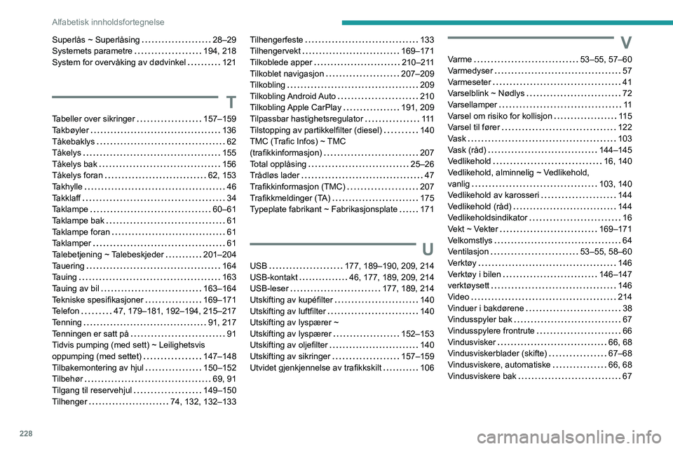 PEUGEOT PARTNER 2021 Instruksjoner for bruk (in Norwegian) 228
Alfabetisk innholdsfortegnelse
Superlås ~ Superlåsing 28–29
Systemets parametre
194, 218
System for overvåking av dødvinkel
121
T
Tabeller over sikringer 157–159
Takbøyle PEUGEOT PARTNER 2021 Instruksjoner for bruk (in Norwegian) 228
Alfabetisk innholdsfortegnelse
Superlås ~ Superlåsing 28–29
Systemets parametre
194, 218
System for overvåking av dødvinkel
121
T
Tabeller over sikringer 157–159
Takbøyle