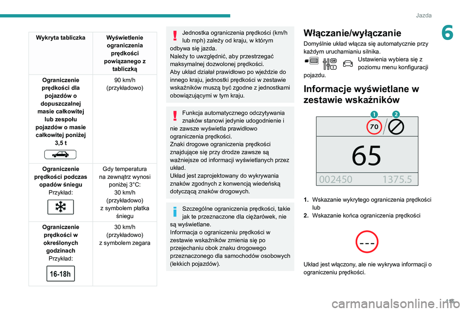 PEUGEOT PARTNER 2021 Instrukcja obsługi (in Polish) 11 5
Jazda
6Wykryta tabliczka Wyświetlenie ograniczenia prędkości
powiązanego z tabliczką
Ograniczenie
prędkości dla pojazdów o
dopuszczalnej
masie całkowitej lub zespołu
pojazdów o PEUGEOT PARTNER 2021 Instrukcja obsługi (in Polish) 11 5
Jazda
6Wykryta tabliczka Wyświetlenie ograniczenia prędkości
powiązanego z tabliczką
Ograniczenie
prędkości dla pojazdów o
dopuszczalnej
masie całkowitej lub zespołu
pojazdów o