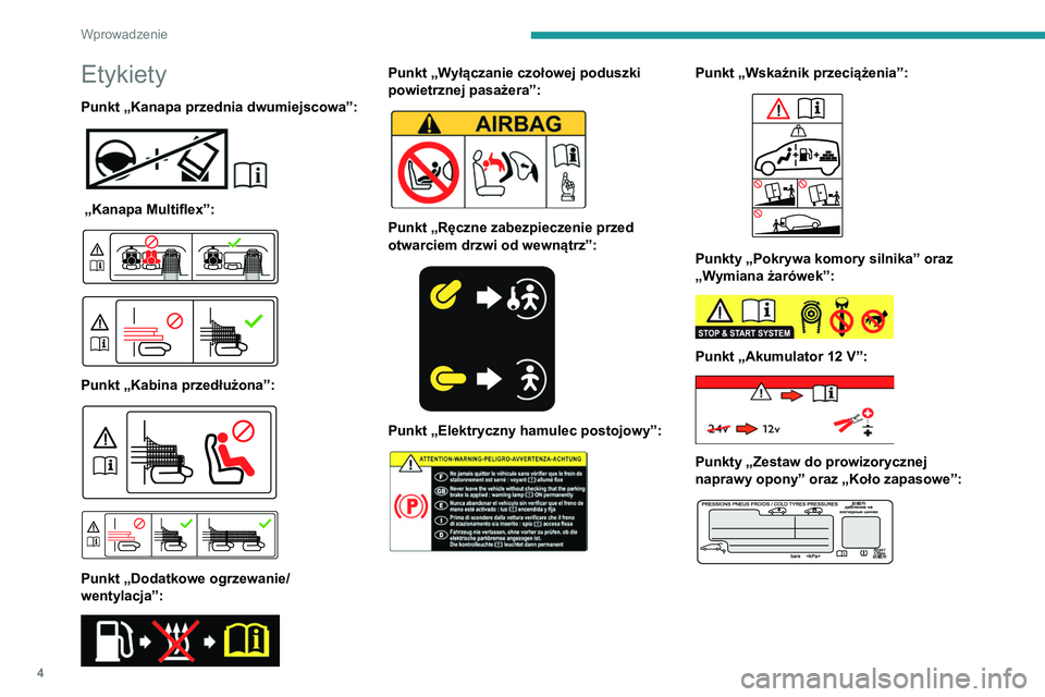 PEUGEOT PARTNER 2021  Instrukcja obsługi (in Polish) 4
Wprowadzenie
Etykiety
Punkt „Kanapa przednia dwumiejscowa”: 
 
 „Kanapa Multiflex”: 
 
 
 
Punkt „Kabina przedłużona”: 
 
 
 
Punkt „Dodatkowe ogrzewanie/
wentylacja”:
 
 
Punkt �