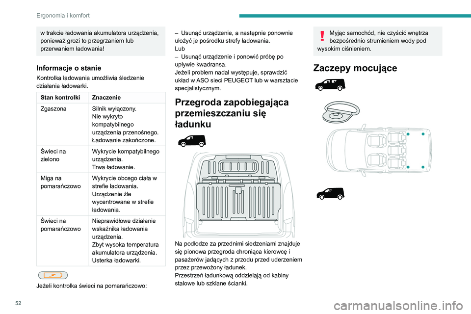PEUGEOT PARTNER 2021 Instrukcja obsługi (in Polish) 52
Ergonomia i komfort
w trakcie ładowania akumulatora urządzenia,
ponieważ grozi to przegrzaniem lub
przerwaniem ładowania!
Informacje o stanie
Kontrolka ładowania umożliwia śledzenie
dzia PEUGEOT PARTNER 2021 Instrukcja obsługi (in Polish) 52
Ergonomia i komfort
w trakcie ładowania akumulatora urządzenia,
ponieważ grozi to przegrzaniem lub
przerwaniem ładowania!
Informacje o stanie
Kontrolka ładowania umożliwia śledzenie
dzia