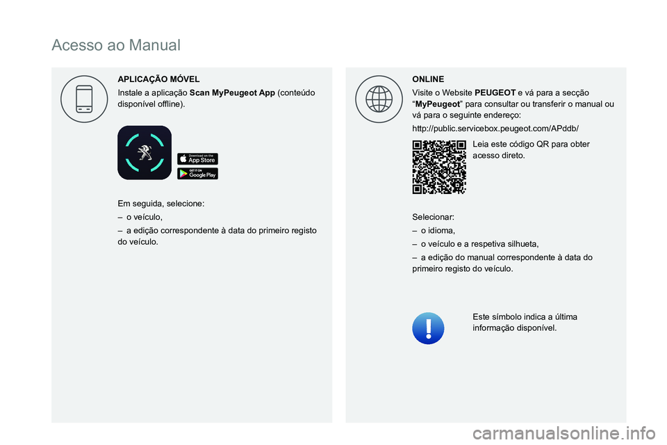 PEUGEOT PARTNER 2021  Manual de utilização (in Portuguese)  
  
 
 
 
 
 
 
   
Acesso ao Manual
APLICA\307\303O M\323VEL
Instale a aplicação 
Scan 
 MyPeugeot App   (conteúdo 
0047004C0056005300520051007400590048004F000300521089004C00510048000C0011 ONLINE