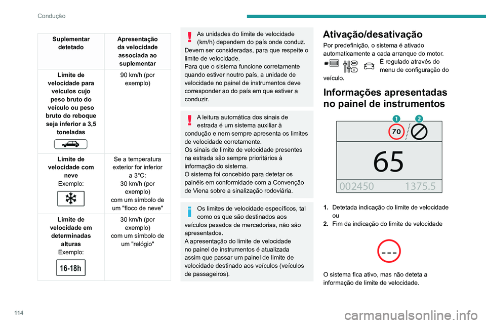 PEUGEOT PARTNER 2021 Manual de utilização (in Portuguese) 11 4
Condução
Suplementar detetado Apresentação
da velocidade
associada ao suplementar
Limite de
velocidade para veículos cujo
peso bruto do
veículo ou peso
bruto do reboque seja inferi PEUGEOT PARTNER 2021 Manual de utilização (in Portuguese) 11 4
Condução
Suplementar detetado Apresentação
da velocidade
associada ao suplementar
Limite de
velocidade para veículos cujo
peso bruto do
veículo ou peso
bruto do reboque seja inferi