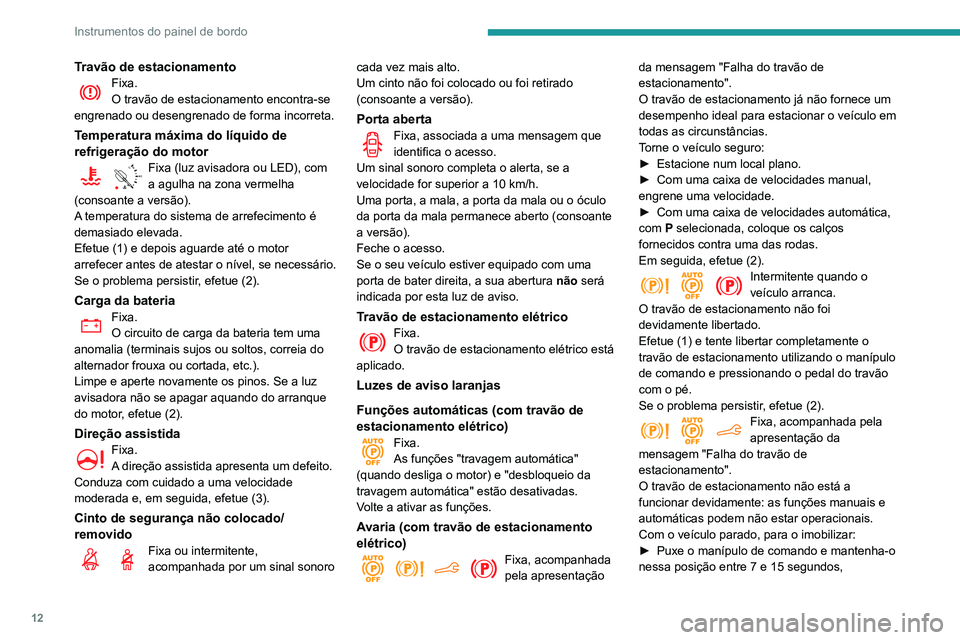 PEUGEOT PARTNER 2021 Manual de utilização (in Portuguese) 12
Instrumentos do painel de bordo
Travão de estacionamentoFixa.
O travão de estacionamento encontra-se
engrenado ou desengrenado de forma incorreta.
Temperatura máxima do líquido de
refrigeraç PEUGEOT PARTNER 2021 Manual de utilização (in Portuguese) 12
Instrumentos do painel de bordo
Travão de estacionamentoFixa.
O travão de estacionamento encontra-se
engrenado ou desengrenado de forma incorreta.
Temperatura máxima do líquido de
refrigeraç