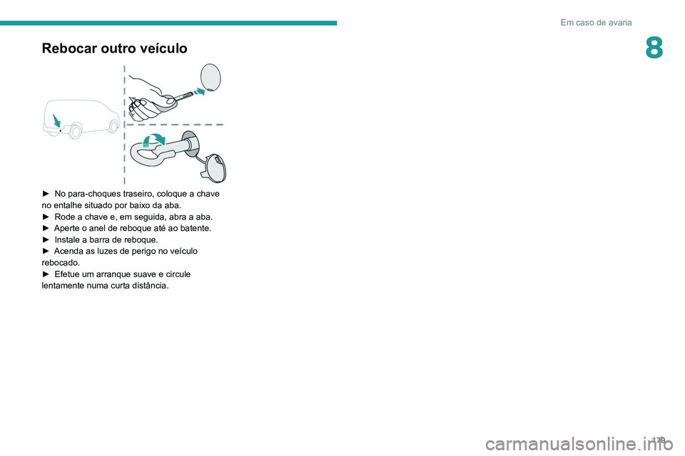 PEUGEOT PARTNER 2021 Manual de utilização (in Portuguese) 179
Em caso de avaria
8Rebocar outro veículo
► No para-choques traseiro, coloque a chave
no entalhe situado por baixo da aba.
►
Rode a chave e, em seguida, abra a aba.
►
Aperte o anel PEUGEOT PARTNER 2021 Manual de utilização (in Portuguese) 179
Em caso de avaria
8Rebocar outro veículo
► No para-choques traseiro, coloque a chave
no entalhe situado por baixo da aba.
►
Rode a chave e, em seguida, abra a aba.
►
Aperte o anel