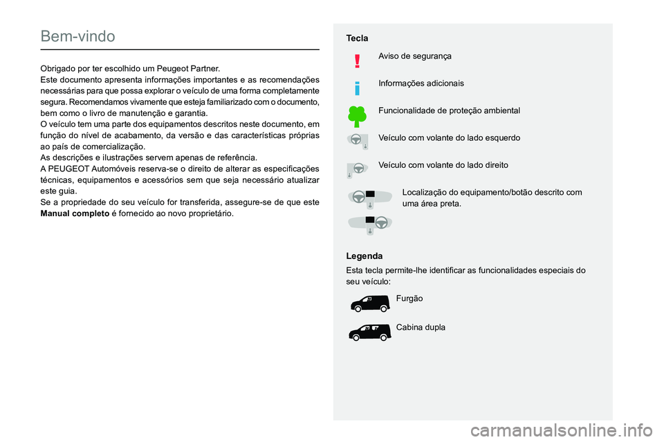 PEUGEOT PARTNER 2021  Manual de utilização (in Portuguese)   
 
 
 
 
 
  
  
   
   
 
  
 
  
 
 
 
   
 
 
  
Bem-vindo
Obrigado por ter escolhido um Peugeot Partner.
Este documento apresenta informações importantes e as recomendações 
necessárias par
