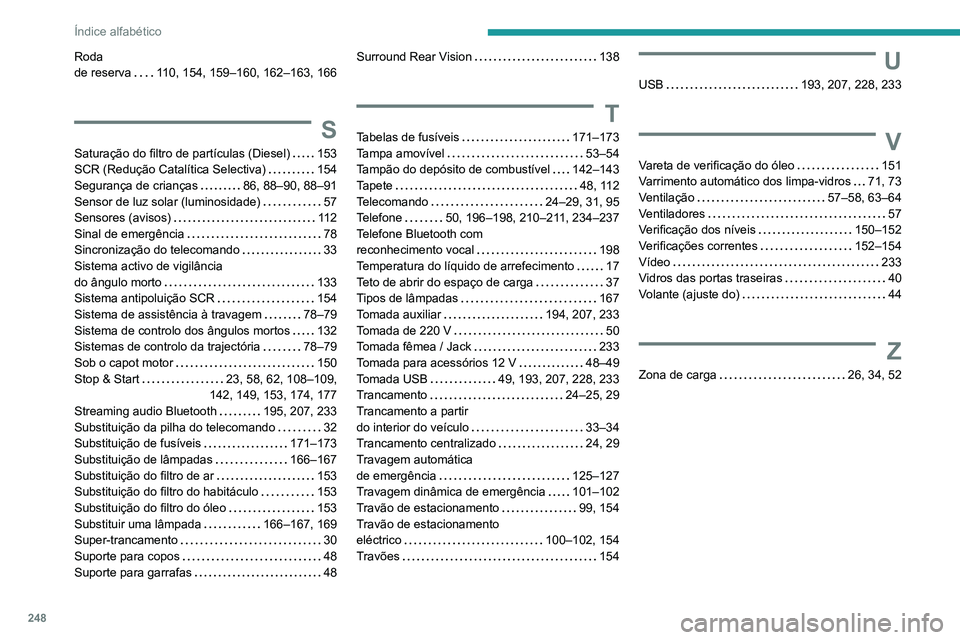 PEUGEOT PARTNER 2021 Manual de utilização (in Portuguese) 248
Índice alfabético
Roda
de reserva
110, 154, 159–160, 162–163, 166
S
Saturação do filtro de partículas (Diesel) 153
SCR (Redução Catalítica Selectiva)
154
Segurança de cr PEUGEOT PARTNER 2021 Manual de utilização (in Portuguese) 248
Índice alfabético
Roda
de reserva
110, 154, 159–160, 162–163, 166
S
Saturação do filtro de partículas (Diesel) 153
SCR (Redução Catalítica Selectiva)
154
Segurança de cr