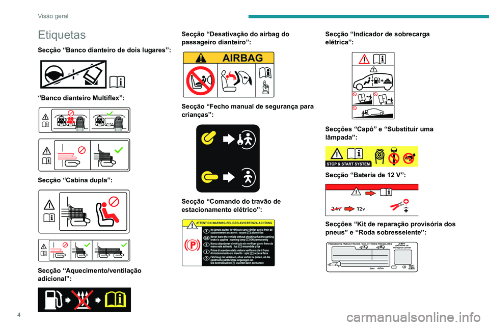 PEUGEOT PARTNER 2021  Manual de utilização (in Portuguese) 4
Visão geral
Etiquetas
Secção “Banco dianteiro de dois lugares”: 
 
“Banco dianteiro Multiflex”: 
 
 
 
Secção “Cabina dupla”: 
 
 
 
Secção “Aquecimento/ventilação 
adicional�