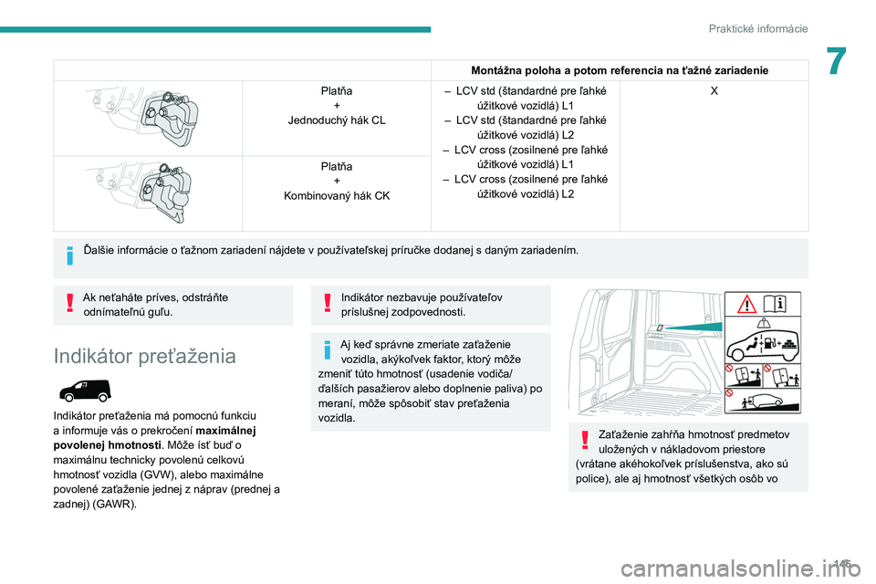 PEUGEOT PARTNER 2021 Návod na použitie (in Slovakian) 145
Praktické informácie
7Montážna poloha a potom referencia na ťažné zariadenie
Platňa+
Jednoduchý hák CL –
LCV std (štandardné pre ľahké
úžitkové vozidlá) L1
–
LCV std ( PEUGEOT PARTNER 2021 Návod na použitie (in Slovakian) 145
Praktické informácie
7Montážna poloha a potom referencia na ťažné zariadenie
Platňa+
Jednoduchý hák CL –
LCV std (štandardné pre ľahké
úžitkové vozidlá) L1
–
LCV std (