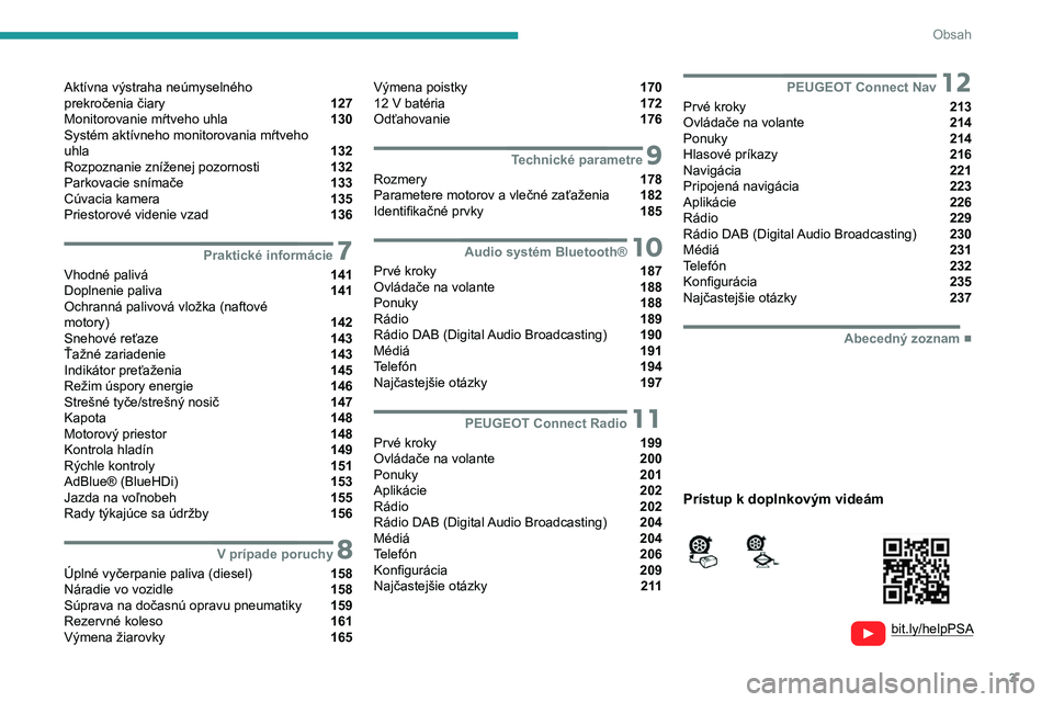 PEUGEOT PARTNER 2021  Návod na použitie (in Slovakian) 3
Obsah
  
  
bit.ly/helpPSA
 
 
 
Aktívna výstraha neúmyselného   
prekročenia čiary  127
Monitorovanie mŕtveho uhla  130
Systém aktívneho monitorovania mŕtveho   
uhla 
 132
Rozpoznanie zn