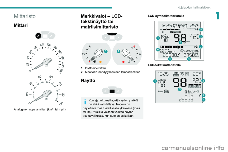 PEUGEOT PARTNER 2021  Omistajan Käsikirja (in Finnish) 9
Kojelaudan hallintalaitteet
1Mittaristo
Mittari 
 
 
 
Analoginen nopeusmittari (km/h tai mph).
Merkkivalot – LCD-
tekstinäyttö tai 
matriisimittaristo
 
 
1. Polttoainemittari
2. Moottorin jä