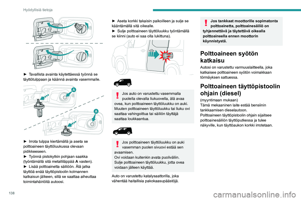 PEUGEOT PARTNER 2021 Omistajan Käsikirja (in Finnish) 138
Hyödyllisiä tietoja
► Tavallista avainta käytettäessä työnnä se täyttötulppaan ja käännä avainta vasemmalle.
► Irrota tulppa kiertämällä ja aseta PEUGEOT PARTNER 2021 Omistajan Käsikirja (in Finnish) 138
Hyödyllisiä tietoja
► Tavallista avainta käytettäessä työnnä se täyttötulppaan ja käännä avainta vasemmalle.
► Irrota tulppa kiertämällä ja aseta