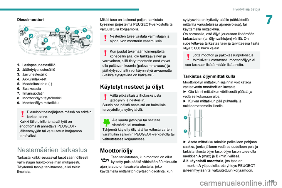 PEUGEOT PARTNER 2021 Omistajan Käsikirja (in Finnish) 145
Hyödyllisiä tietoja
7Dieselmoottori
1.Lasinpesunestesäiliö
2. Jäähdytysnestesäiliö
3. Jarrunestesäiliö
4. Akku/sulakkeet
5. Maadoituskohta (-)
6. Sulakerasia
7. Ilmansuodatin
8. Moott PEUGEOT PARTNER 2021 Omistajan Käsikirja (in Finnish) 145
Hyödyllisiä tietoja
7Dieselmoottori
1.Lasinpesunestesäiliö
2. Jäähdytysnestesäiliö
3. Jarrunestesäiliö
4. Akku/sulakkeet
5. Maadoituskohta (-)
6. Sulakerasia
7. Ilmansuodatin
8. Moott