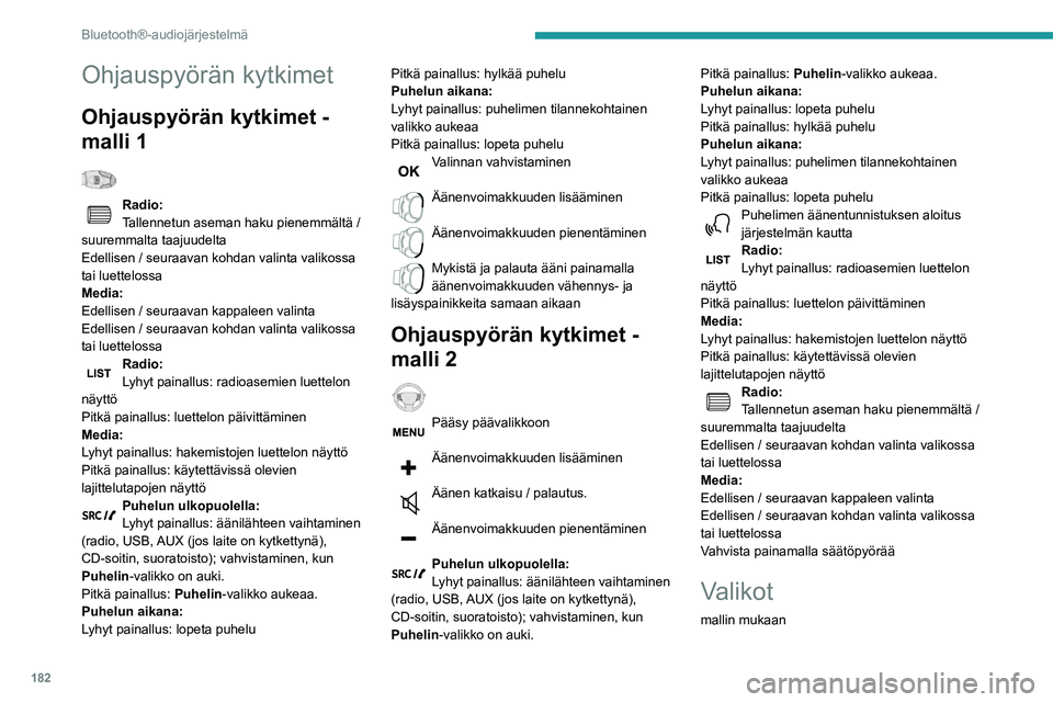 PEUGEOT PARTNER 2021 Omistajan Käsikirja (in Finnish) 182
Bluetooth®-audiojärjestelmä
Multimedia : median, ja radion parametrit
Puhelin: soittaminen, hakemiston hallinta,
puhelimen hallinta, puhelun lopettaminen
Ajotietokone
Huolto: Diagnostiikka, PEUGEOT PARTNER 2021 Omistajan Käsikirja (in Finnish) 182
Bluetooth®-audiojärjestelmä
Multimedia : median, ja radion parametrit
Puhelin: soittaminen, hakemiston hallinta,
puhelimen hallinta, puhelun lopettaminen
Ajotietokone
Huolto: Diagnostiikka,