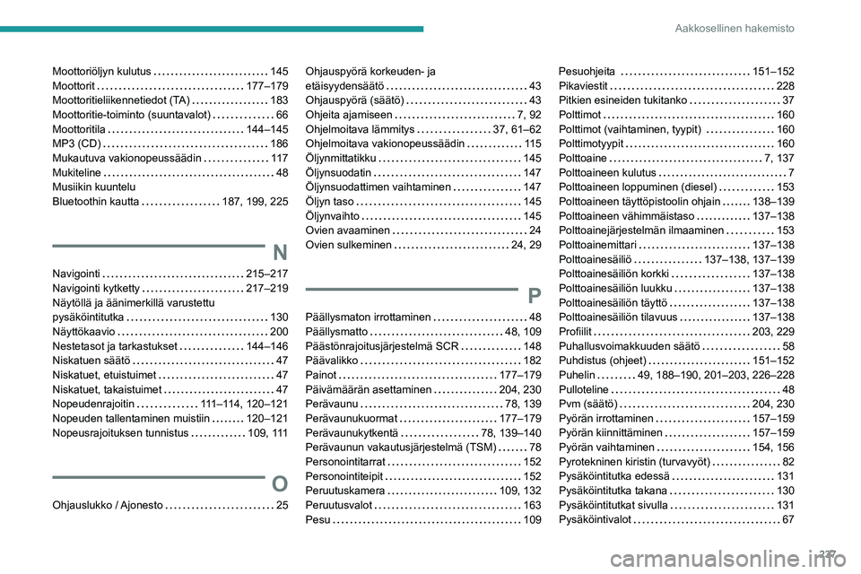PEUGEOT PARTNER 2021 Omistajan Käsikirja (in Finnish) 237
Aakkosellinen hakemisto
Moottoriöljyn kulutus 145
Moottorit
177–179
Moottoritieliikennetiedot (TA)
183
Moottoritie-toiminto (suuntavalot)
66
Moottoritila
144–145
MP3 PEUGEOT PARTNER 2021 Omistajan Käsikirja (in Finnish) 237
Aakkosellinen hakemisto
Moottoriöljyn kulutus 145
Moottorit
177–179
Moottoritieliikennetiedot (TA)
183
Moottoritie-toiminto (suuntavalot)
66
Moottoritila
144–145
MP3
