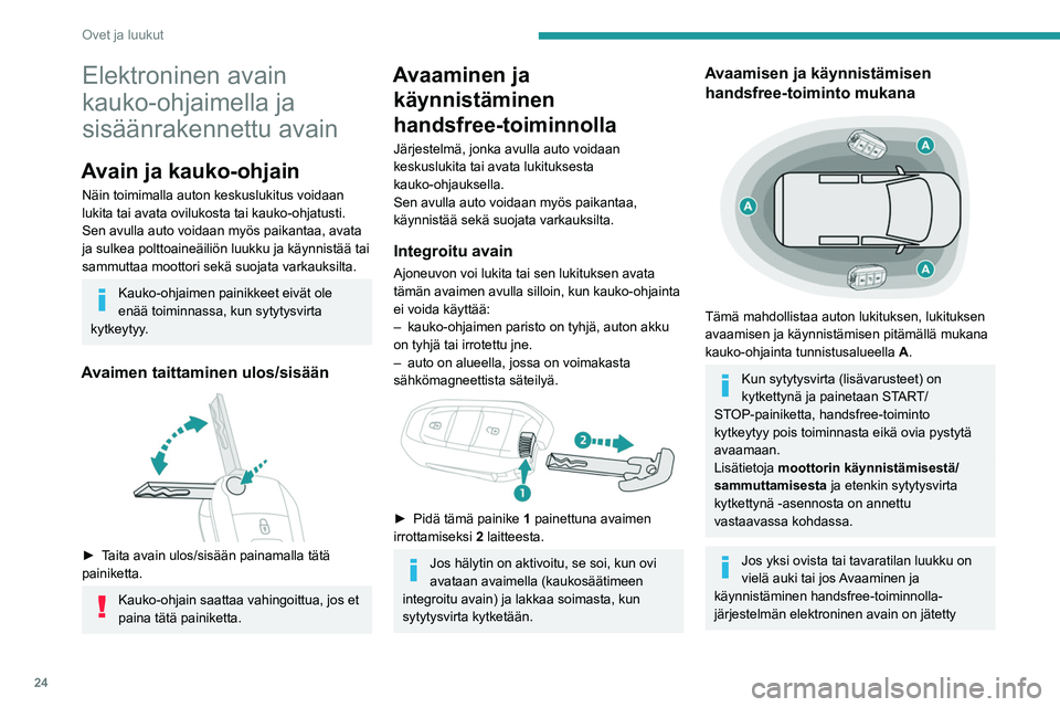 PEUGEOT PARTNER 2021 Omistajan Käsikirja (in Finnish) 24
Ovet ja luukut
Elektroninen avain
kauko-ohjaimella ja
sisäänrakennettu avain
Avain ja kauko-ohjain
Näin toimimalla auton keskuslukitus voidaan
lukita tai avata ovilukosta tai kauko-ohjatusti. PEUGEOT PARTNER 2021 Omistajan Käsikirja (in Finnish) 24
Ovet ja luukut
Elektroninen avain
kauko-ohjaimella ja
sisäänrakennettu avain
Avain ja kauko-ohjain
Näin toimimalla auton keskuslukitus voidaan
lukita tai avata ovilukosta tai kauko-ohjatusti.