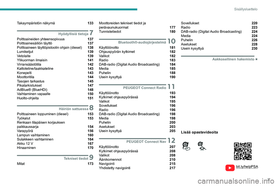 PEUGEOT PARTNER 2021  Omistajan Käsikirja (in Finnish) 3
Sisällysluettelo
  
  
bit.ly/helpPSA 
 
 
Takaympäristön näkymä  133
 7Hyödyllisiä tietoja
Polttoaineiden yhteensopivuus  137
Polttoainesäiliön täyttö  137
Polttoaineen täyttöpistoolin