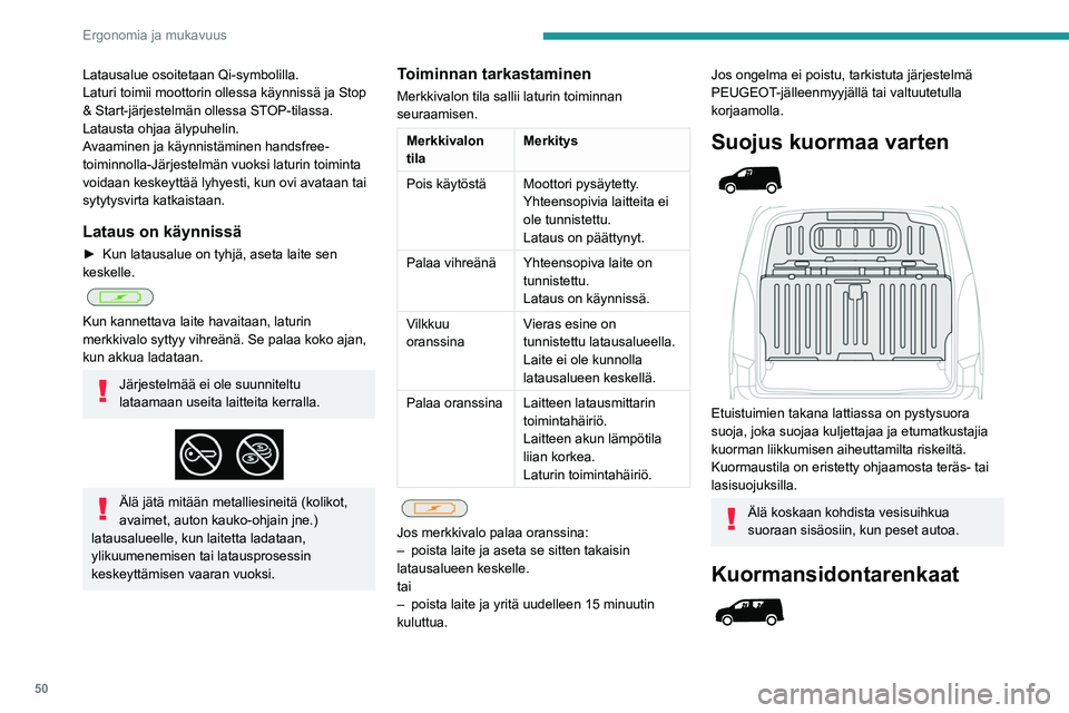PEUGEOT PARTNER 2021  Omistajan Käsikirja (in Finnish) 50
Ergonomia ja mukavuus
Latausalue osoitetaan Qi-symbolilla.
Laturi toimii moottorin ollessa käynnissä ja Stop 
& Start-järjestelmän ollessa STOP-tilassa.
Latausta ohjaa älypuhelin.
Avaaminen ja