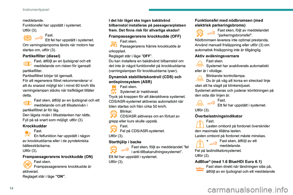 PEUGEOT PARTNER 2021 Bruksanvisningar (in Swedish) 14
Instrumentpanel
meddelande.
Funktionsfel har uppstått i systemet.
Utför (3).
Fast.Ett fel har uppstått i systemet.
Om varningslamporna tänds när motorn har
startas om, utför (3).
Partikelfil PEUGEOT PARTNER 2021 Bruksanvisningar (in Swedish) 14
Instrumentpanel
meddelande.
Funktionsfel har uppstått i systemet.
Utför (3).
Fast.Ett fel har uppstått i systemet.
Om varningslamporna tänds när motorn har
startas om, utför (3).
Partikelfil