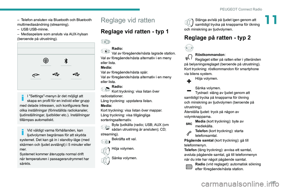 PEUGEOT PARTNER 2021 Bruksanvisningar (in Swedish) 187
PEUGEOT Connect Radio
11– Telefon ansluten via Bluetooth och Bluetooth multimediasändning (streaming).– USB USB-minne.– Mediaspelare som ansluts via AUX-hylsan (beroende på utrustning).
PEUGEOT PARTNER 2021 Bruksanvisningar (in Swedish) 187
PEUGEOT Connect Radio
11– Telefon ansluten via Bluetooth och Bluetooth multimediasändning (streaming).– USB USB-minne.– Mediaspelare som ansluts via AUX-hylsan (beroende på utrustning).