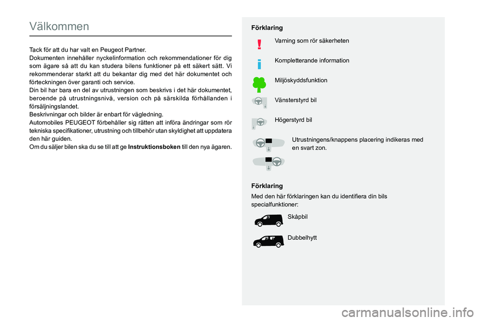 PEUGEOT PARTNER 2021  Bruksanvisningar (in Swedish)   
 
 
 
 
 
  
  
   
   
 
  
 
  
 
 
 
   
 
 
  
Välkommen
Tack för att du har valt en Peugeot Partner.Dokumenten innehåller nyckelinformation och rekommendationer för d\
ig 
som ägare så a