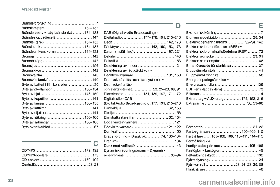 PEUGEOT PARTNER 2021 Bruksanvisningar (in Swedish) 226
Alfabetiskt register
Bränsleförbrukning 7Bränslemätare 131–132Bränslereserv ~ Låg bränslenivå 131–132Bränslestopp (diesel) 147Bränsle (tank) 131–132Bränsletank 131–1 PEUGEOT PARTNER 2021 Bruksanvisningar (in Swedish) 226
Alfabetiskt register
Bränsleförbrukning 7Bränslemätare 131–132Bränslereserv ~ Låg bränslenivå 131–132Bränslestopp (diesel) 147Bränsle (tank) 131–132Bränsletank 131–1