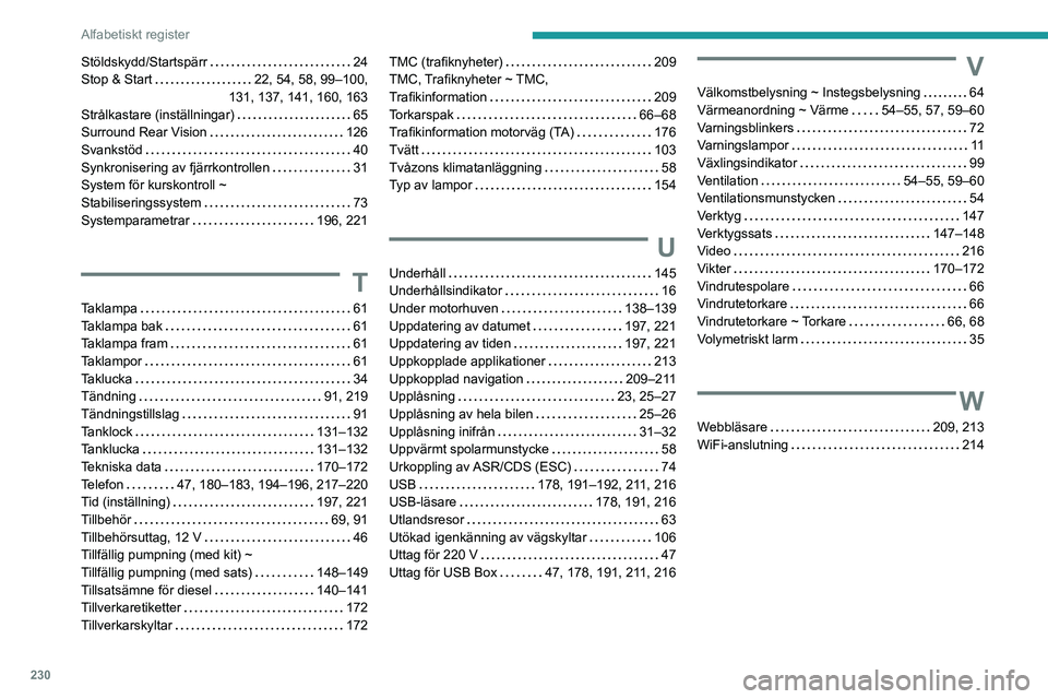 PEUGEOT PARTNER 2021 Bruksanvisningar (in Swedish) 230
Alfabetiskt register
Stöldskydd/Startspärr 24Stop & Start 22, 54, 58, 99–100,
131, 137, 141, 160, 163
Strålkastare (inställningar) 65Surround Rear Vision 126Svankstöd 40Synkroni PEUGEOT PARTNER 2021 Bruksanvisningar (in Swedish) 230
Alfabetiskt register
Stöldskydd/Startspärr 24Stop & Start 22, 54, 58, 99–100,
131, 137, 141, 160, 163
Strålkastare (inställningar) 65Surround Rear Vision 126Svankstöd 40Synkroni