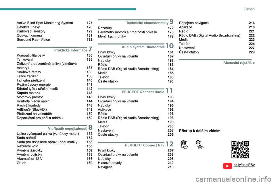 PEUGEOT PARTNER 2021  Návod na použití (in Czech) 3
Obsah
  
  
bit.ly/helpPSA
 
 
 
Active Blind Spot Monitoring System  127
Detekce únavy  128
Parkovací senzory  129
Couvací kamera  131
Surround Rear Vision  132
 7Praktické informace
Kompatibil
