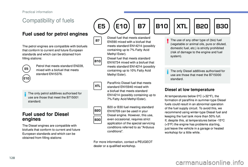 PEUGEOT PARTNER TEPEE 2020  Owners Manual 128
Compatibility of fuels 
Fuel used for petrol engines
The petrol engines are compatible with biofuels 
that conform to current and future European 
standards and which can be obtained from 
filling