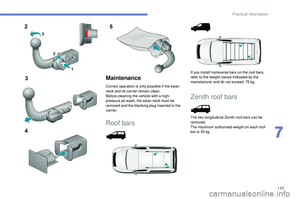 PEUGEOT PARTNER TEPEE 2020 Owners Manual 133
Maintenance
Correct operation is only possible if the swan
neck and its carrier remain clean.
Before cleaning the vehicle with a high-
pressure jet wash, the swan neck must be
removed and the bl PEUGEOT PARTNER TEPEE 2020 Owners Manual 133
Maintenance
Correct operation is only possible if the swan
neck and its carrier remain clean.
Before cleaning the vehicle with a high-
pressure jet wash, the swan neck must be
removed and the bl