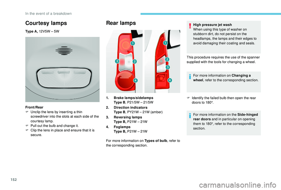 PEUGEOT PARTNER TEPEE 2020 Owners Manual 152
Rear lamps
1.Brake lamps/sidelamps
Ty p e B , P21/5W – 21/5W
2. Direction indicators
Ty p e B , PY21W – 21W (amber)
3. Reversing lamps
Ty p e B , P21W – 21W
4. Foglamps
Ty p e B , P21W PEUGEOT PARTNER TEPEE 2020 Owners Manual 152
Rear lamps
1.Brake lamps/sidelamps
Ty p e B , P21/5W – 21/5W
2. Direction indicators
Ty p e B , PY21W – 21W (amber)
3. Reversing lamps
Ty p e B , P21W – 21W
4. Foglamps
Ty p e B , P21W
