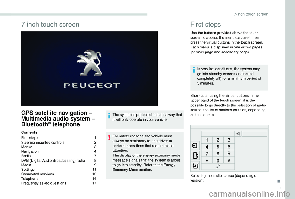 PEUGEOT PARTNER TEPEE 2020  Owners Manual 1
7-inch touch screen
GPS satellite navigation – 
Multimedia audio system – 
Bluetooth
® telephone
Contents
First steps 
1
S

teering mounted controls  
2
M

enus  
3
N

avigation
 
 4
Radio
  7
