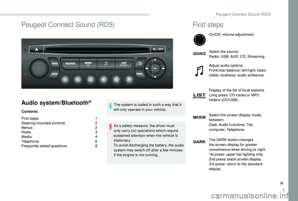 PEUGEOT PARTNER TEPEE 2020  Owners Manual 1
Peugeot Connect Sound (RD5)
Audio system/Bluetooth®
Contents
First steps 
1
S

teering mounted controls  
2
M

enus  
2
R

adio   3
Media
  4
Telephone
 

6
Frequently asked questions
 
8T

he syst